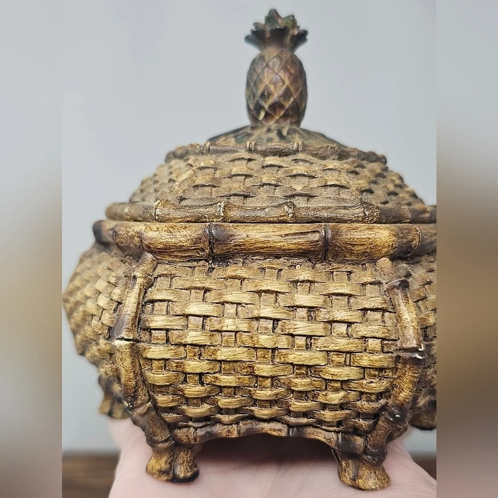 Unique Vintage Trinket Jewelry Box Chinese Style Woven Pineapple Lid Footed